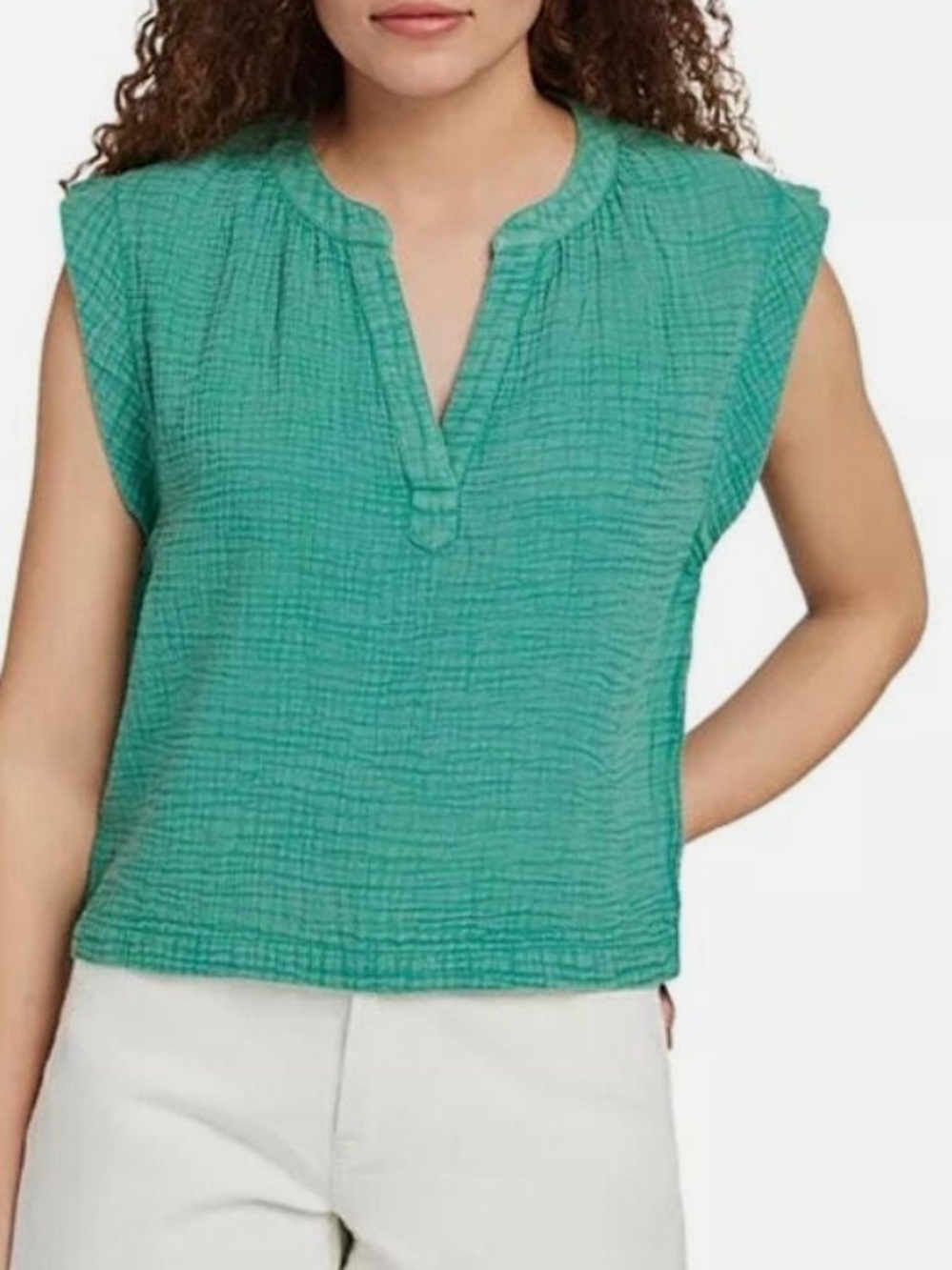 NWT Faherty Dylan Teal Split-Neck Cotton Gauze blouse - Picture 10 of 11